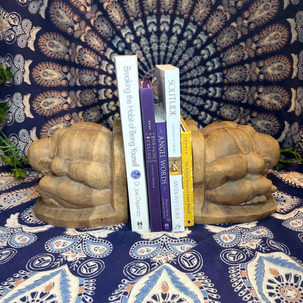 *RARE* PAIR OF WEEPING YOGI WOODEN HAND CARVED BOOKENDS BUDDHA SCULPTURE